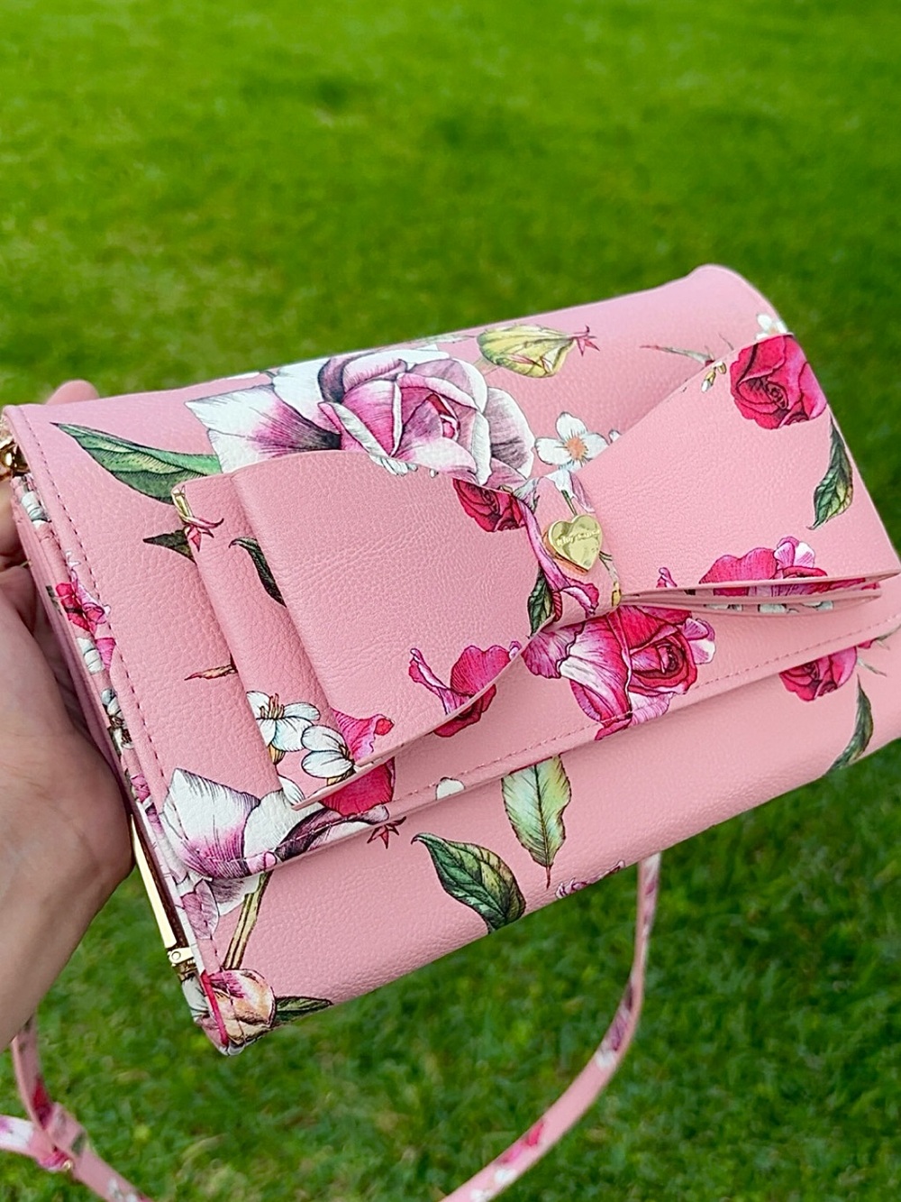 Betsey Johnson Pink Floral Bow Crossbody Clutch